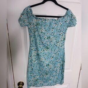 SHEIN Mint Blue Floral Off-Shoulder Mini Dress